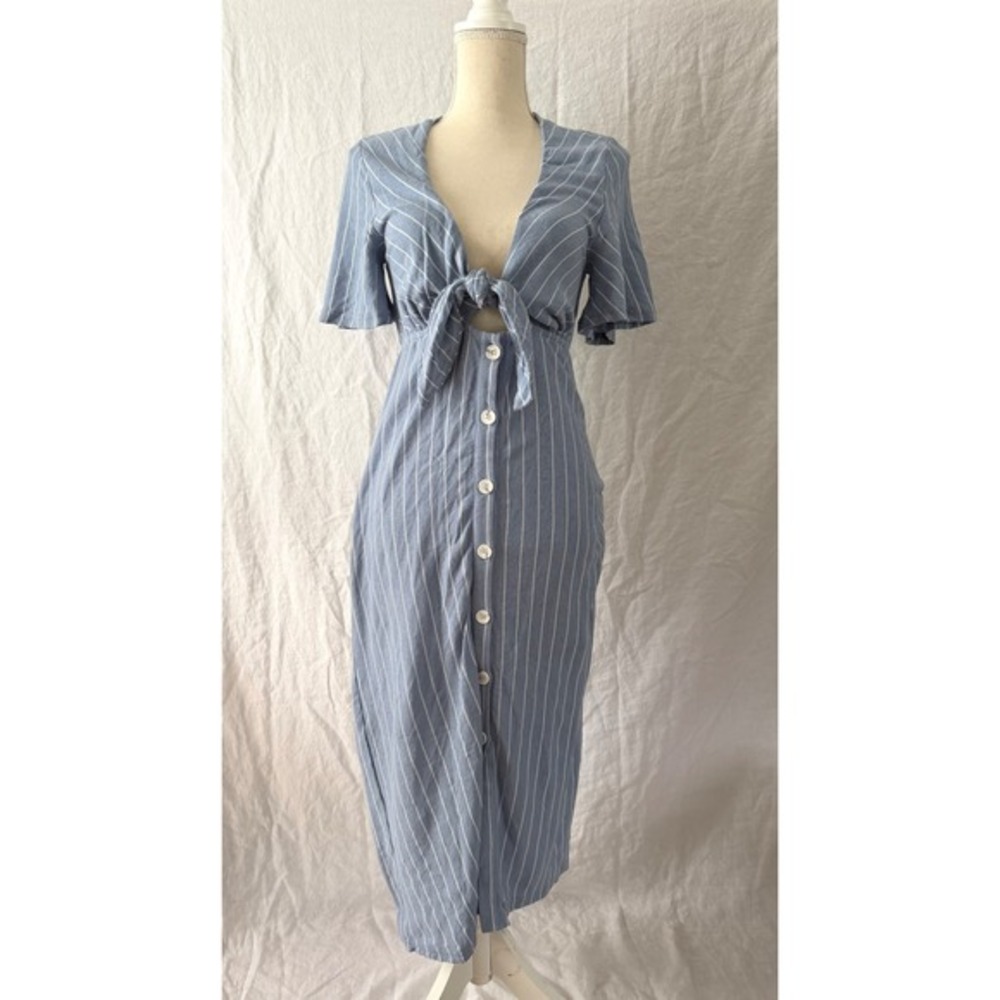 MINKPINK Midi Dress Womens Blue White Pinstripe Tie Front Button Down Small‎